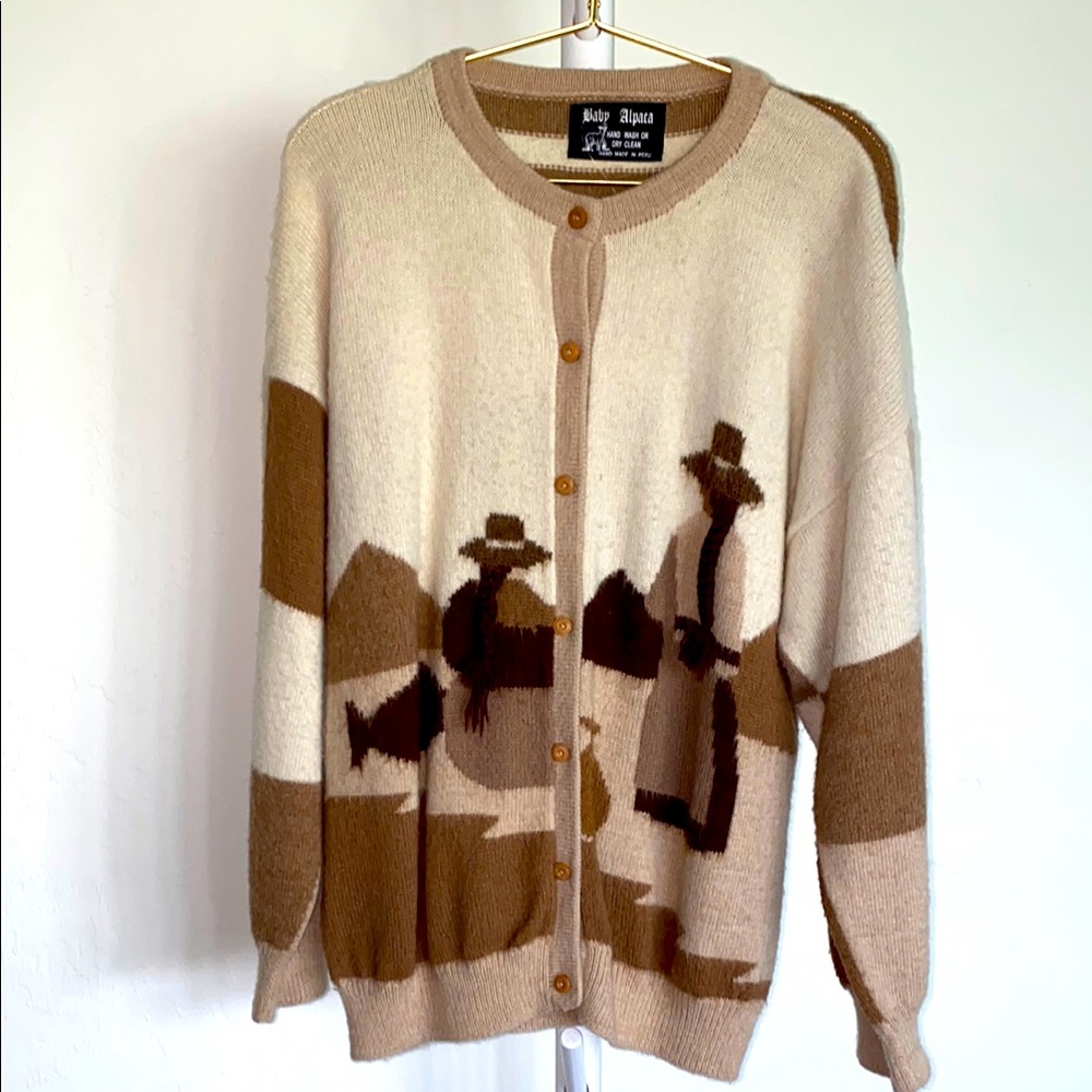 Vintage handmade 100% baby alpaca neutral toned cardigan sweater